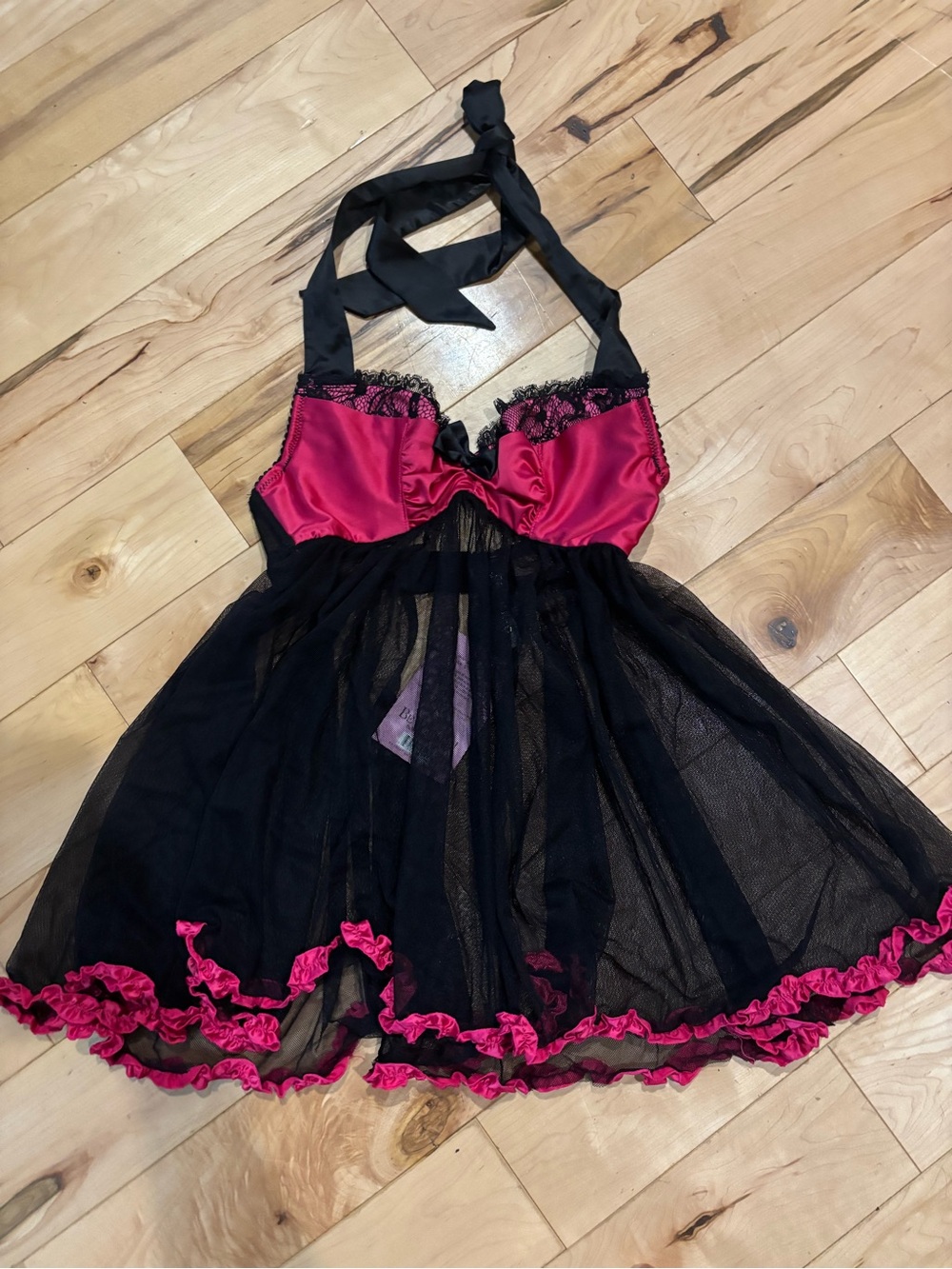 💚Black & Hot Pink Halter Mesh Babydoll Chemise